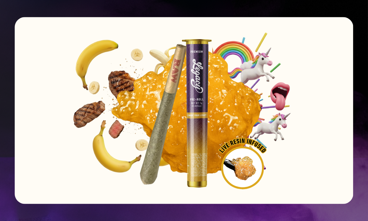Product packaging for LSD Infused with LSD and Meaty Boo Boo infused joints by Stoner Village highlighting vibrant color-coded strain design