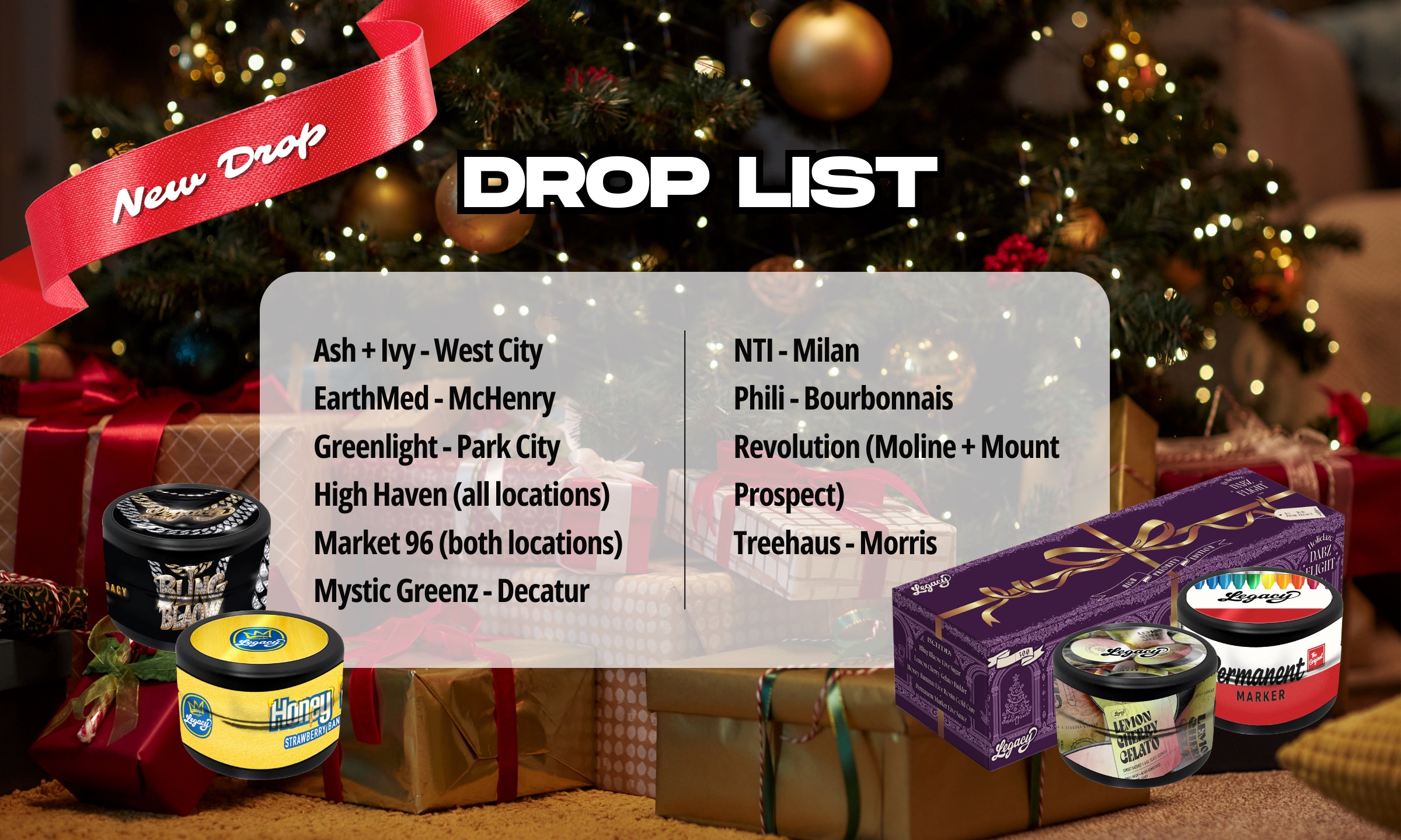 Legacy Holidaze Dabz Flight holiday drop list displayed in front of a Christmas tree, featuring the Dabz Flight product lineup and Illinois dispensary locations where it’s available.