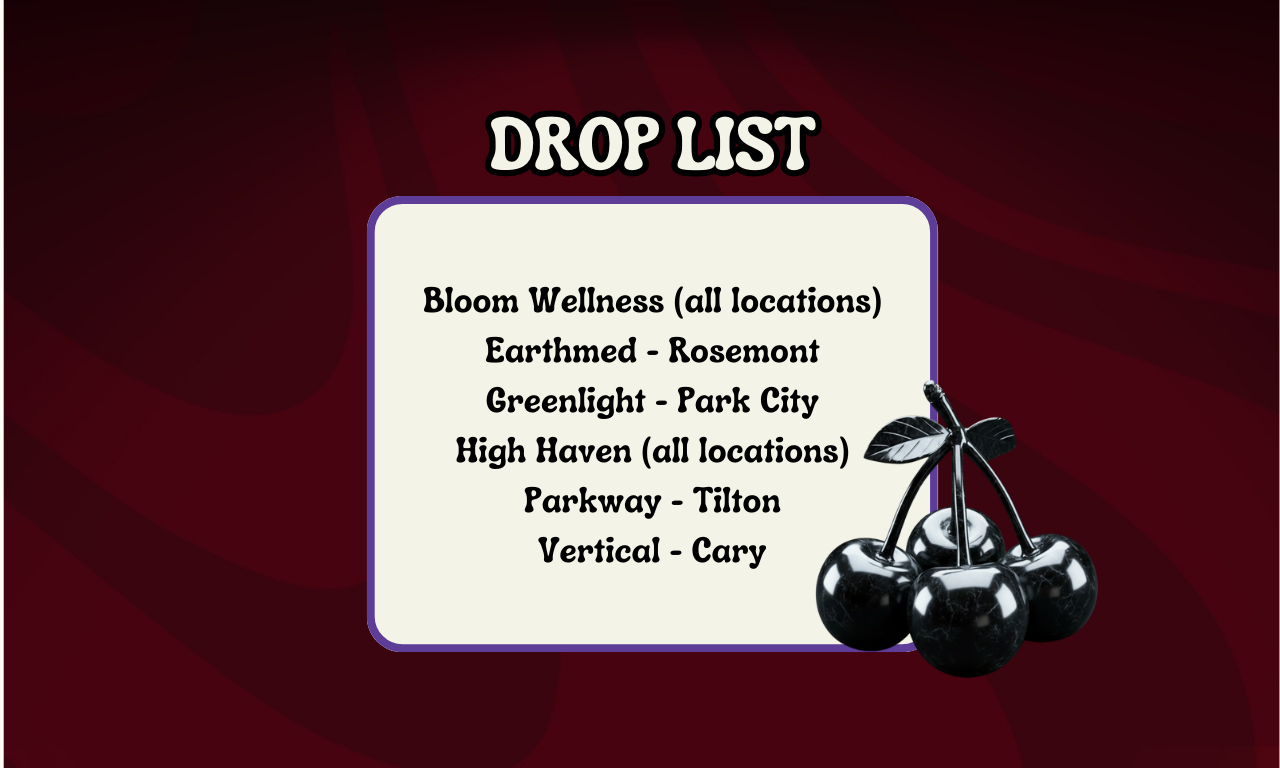 Dispensary drop list showing where to buy Black Cherry Gelato by Stoner Village