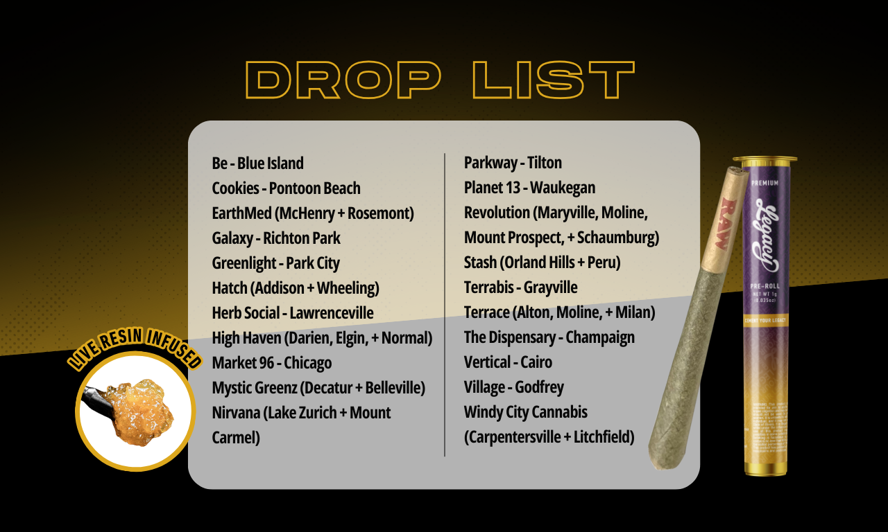 Dispensary drop list for Legacy Cannabis Banana Bangarang Live Resin Infused Pre-Roll alongside product packaging and infused joint