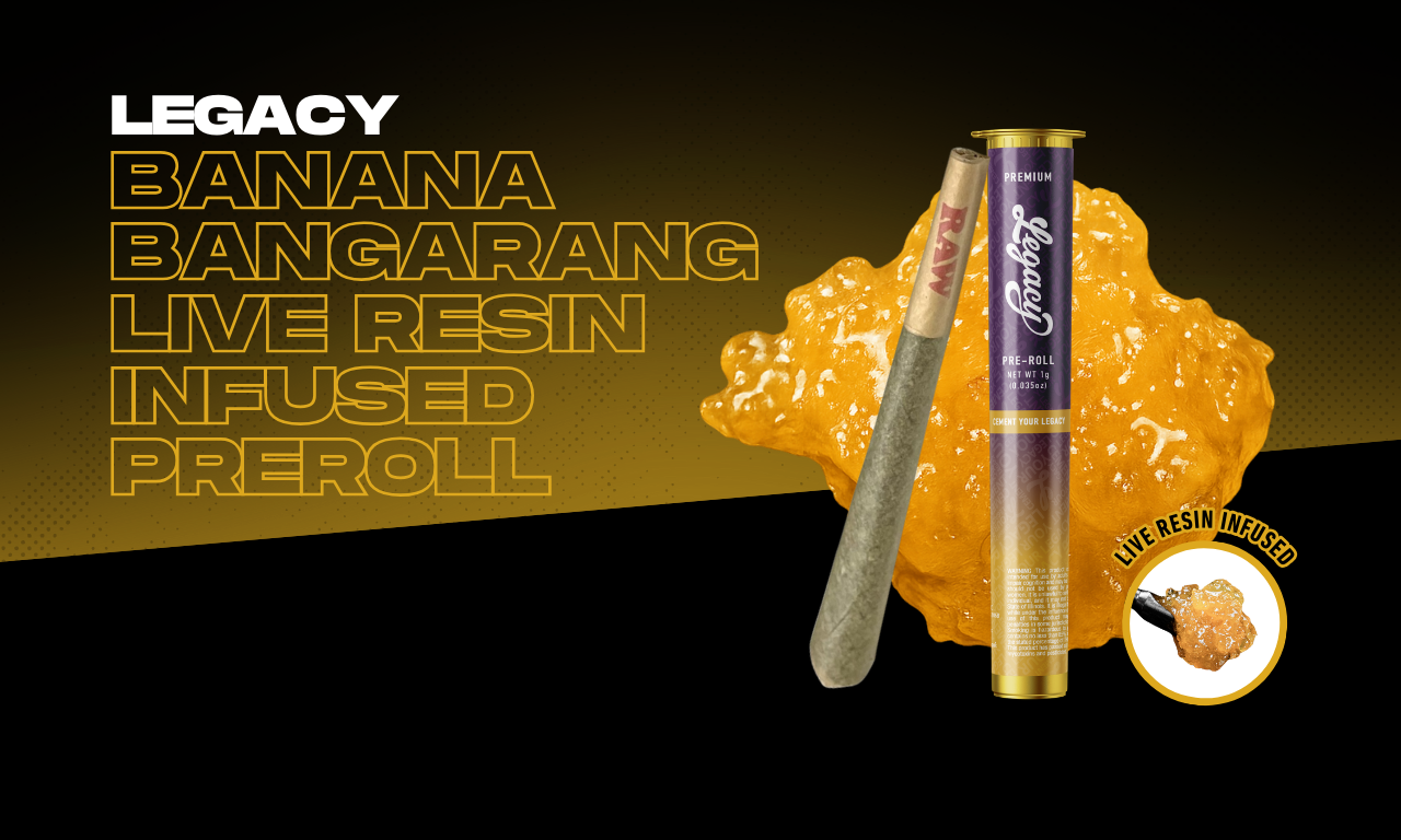 Legacy Cannabis Banana Bangarang Live Resin Infused Pre-Roll shown with branded tube packaging and golden live resin backdrop