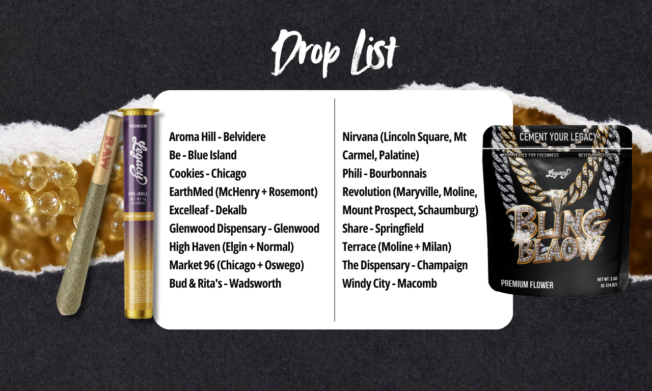 Dispensary drop list for Legacy Cannabis Bling Blaow Hash-Infused Joint with product packaging and infused joint displayed