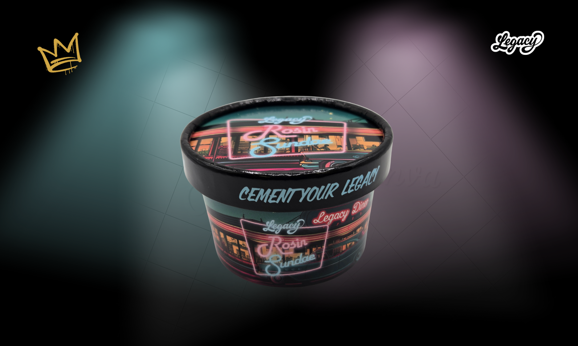 Legacy Cannabis Rosin Sundae strain packaging for Purple Cherry Ripple and Violet Veil solventless rosin combo, cold cure and jam