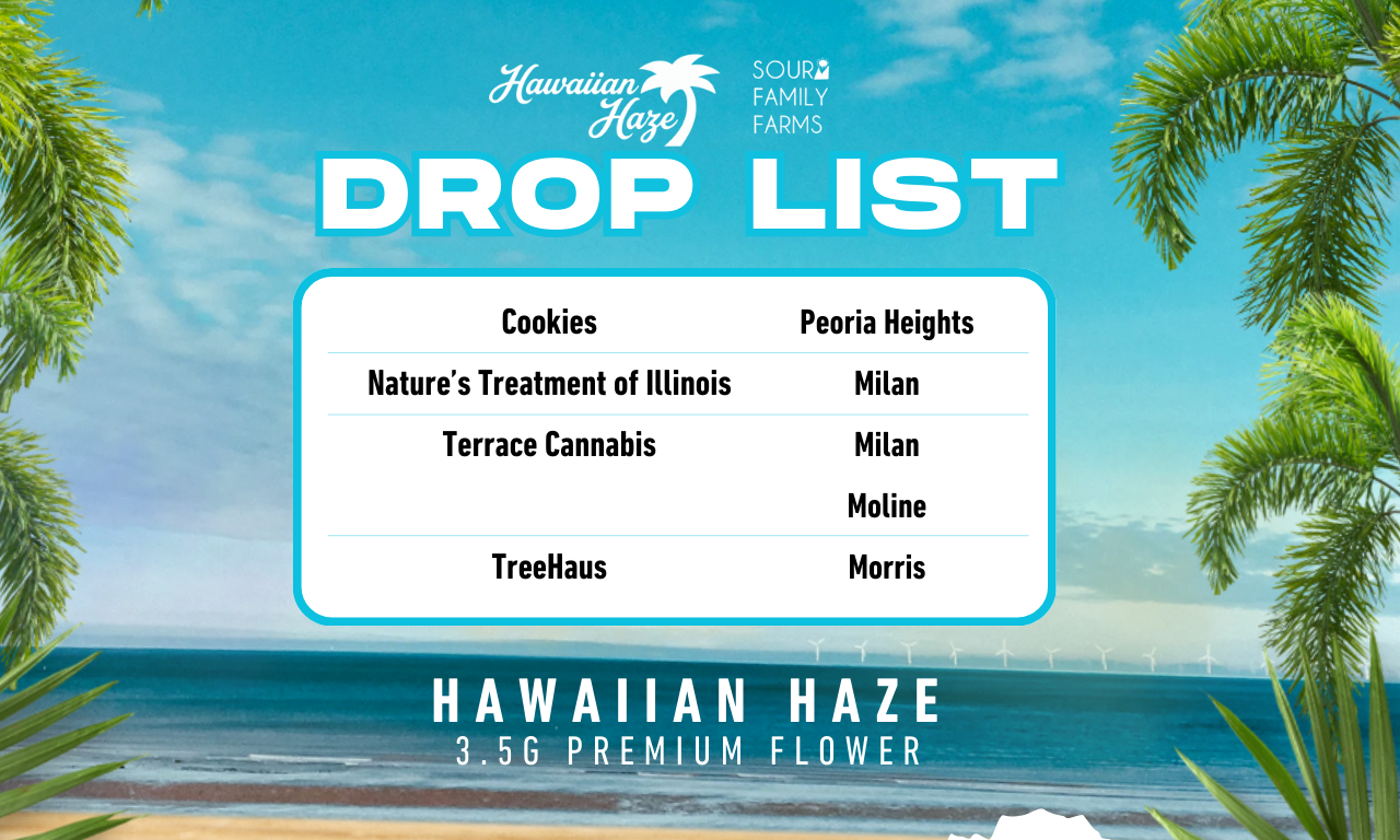 List of Illinois dispensaries carrying Hawaiian Haze sativa flower by Sour Family Farms