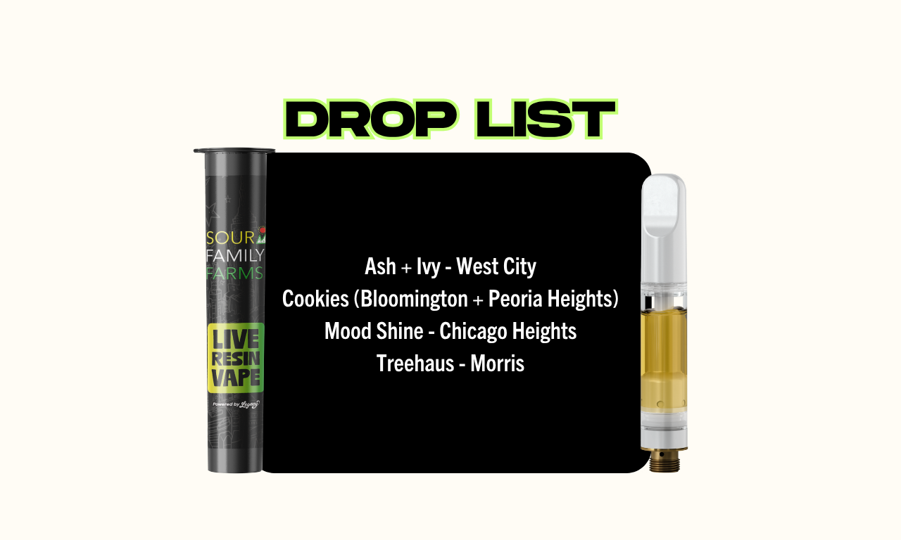 Legacy LMNO-Z cartridge retailer drop-list showing available dispensary locations