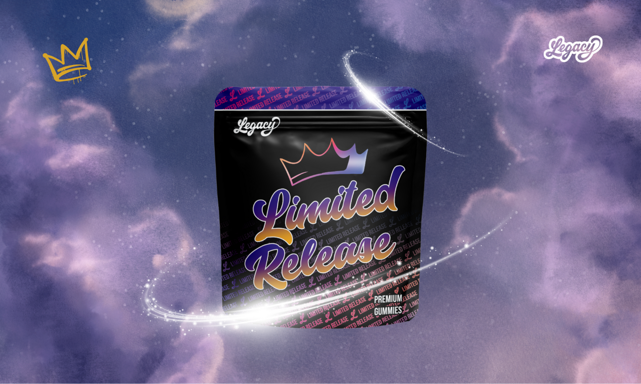Legacy Cannabis packaging for Lucy’s Lullaby 100mg grape live resin gummies made with Lavender Lucy strain