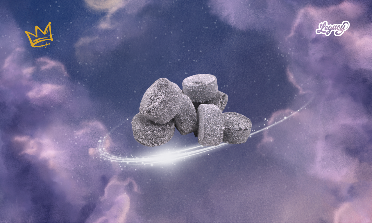 Legacy Cannabis packaging for Lucy’s Lullaby 100mg grape live resin gummies made with Lavender Lucy strain