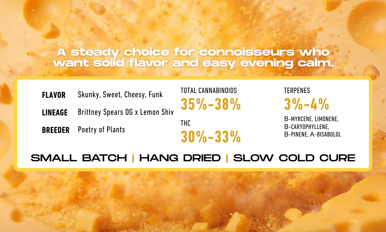 Terpene Profile of Cheesy Poofs indica flower by Poetry of Plants showing dense buds and frosty trichomes