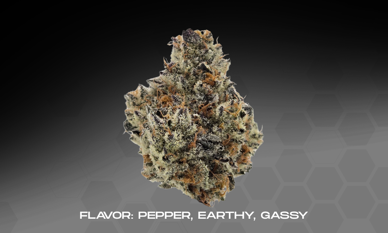 Close-up of Carbon Fiber cannabis flower showing dense, trichome-coated buds with gas-forward texture