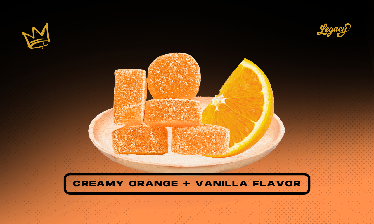 Close‑up of Sunkissed live rosin gummy showing creamy orange color and sugar‑dusted texture