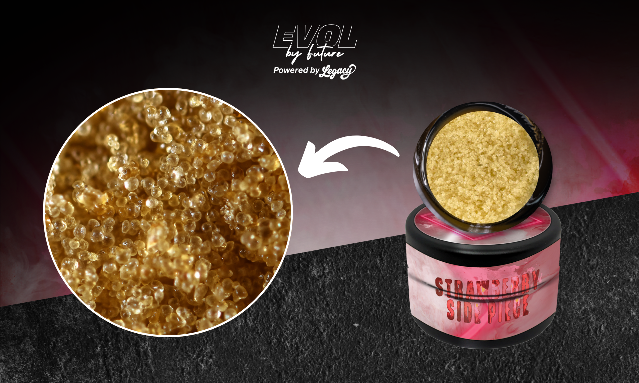 EVOL by Future Strawberry Side Piece concentrate with branded jar and packaging powered by Legacy Cannabis