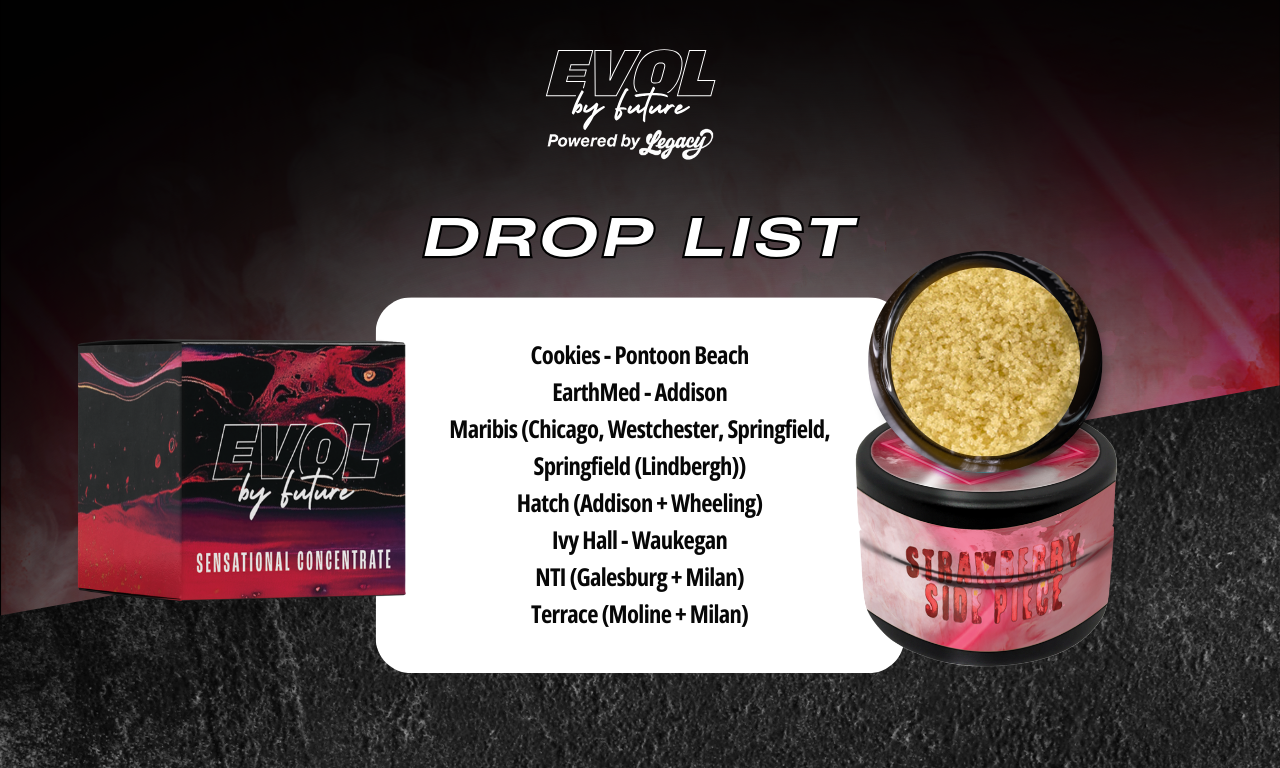 List of dispensaries carrying EVOL by Future Strawberry Side Piece concentrate with product packaging and jar displayed