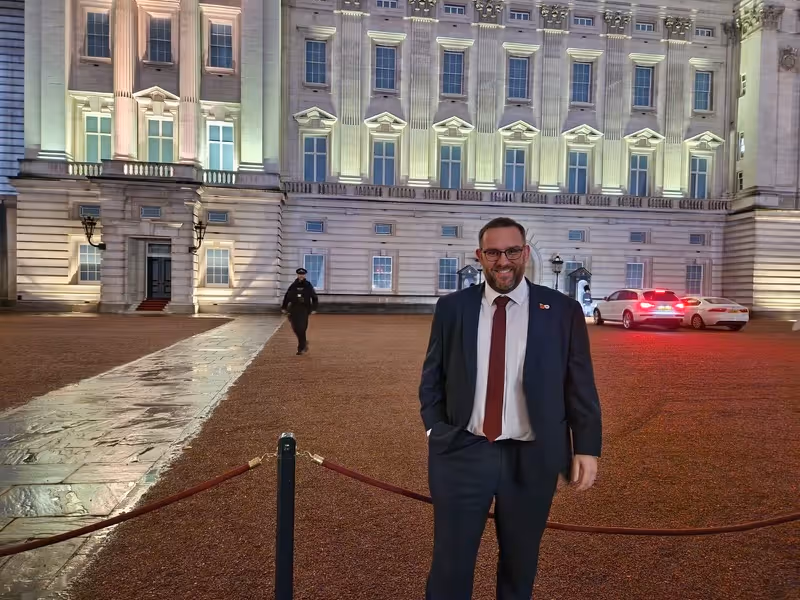 Gavin Peters UK CEO of Tri-Wall UK outside Buckingham Palace