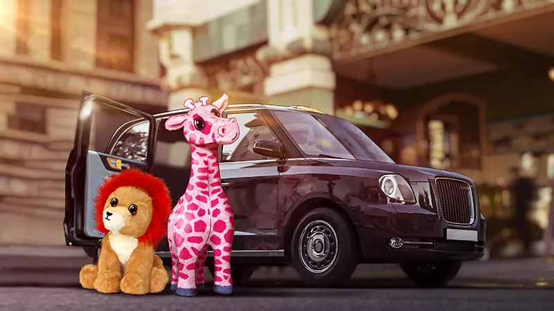 a colour storyboard of stuffed toys near a car