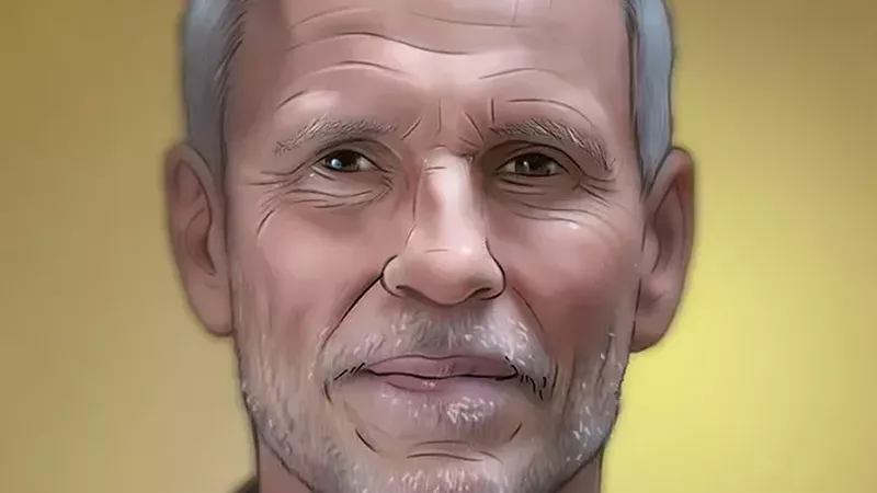 a print visual of a man looking to camera