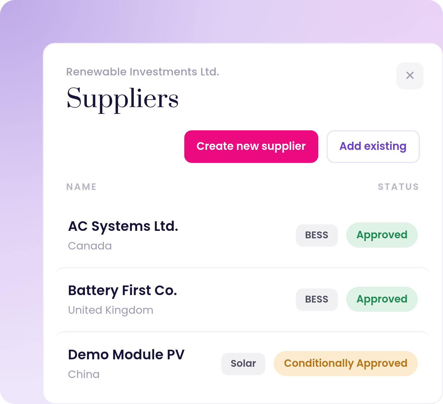 Infyos suppliers list showing supplier names, countries and approval status