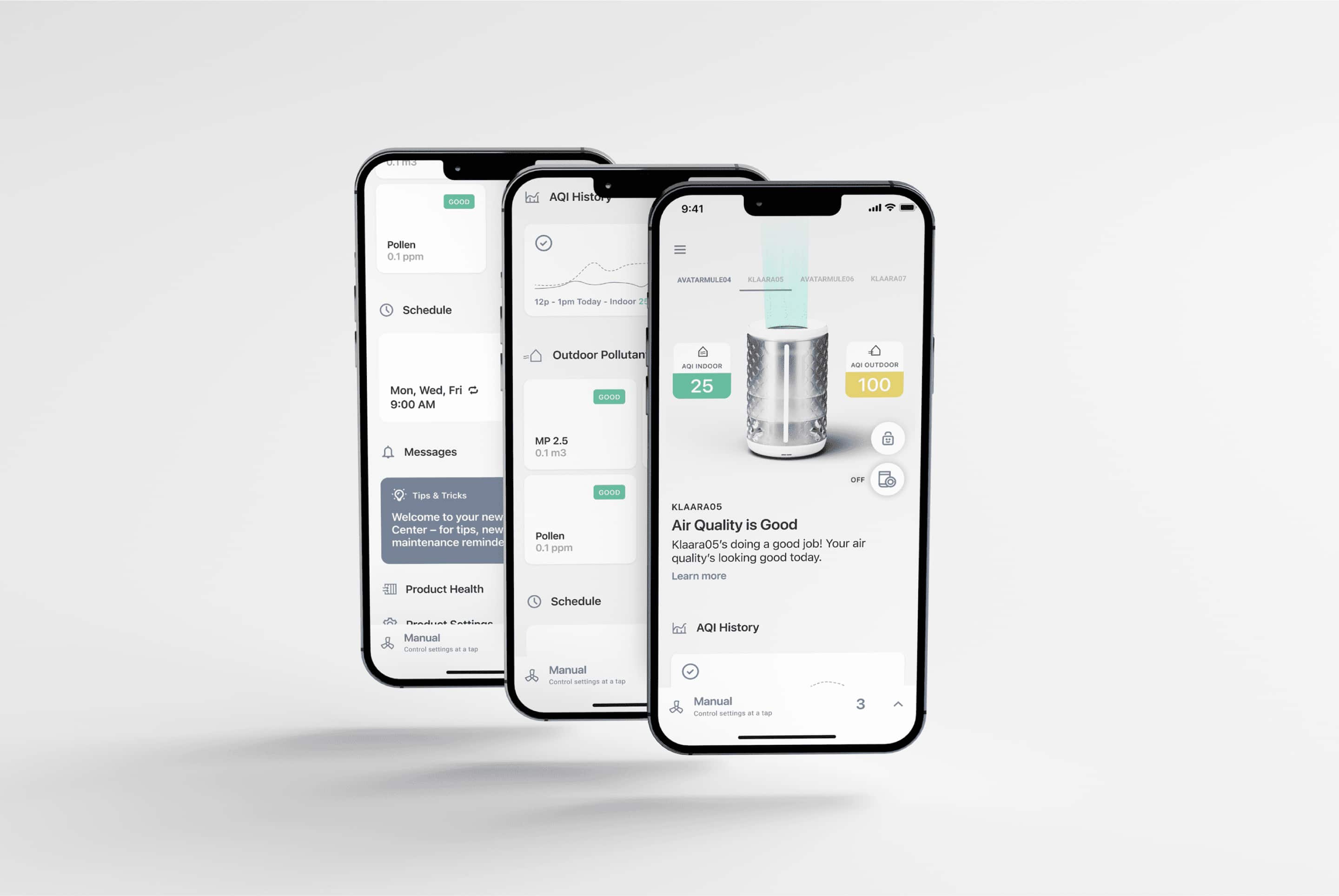 Three smartphones displaying an air quality monitoring app interface showing indoor and outdoor AQI levels, schedule, and pollution details.
