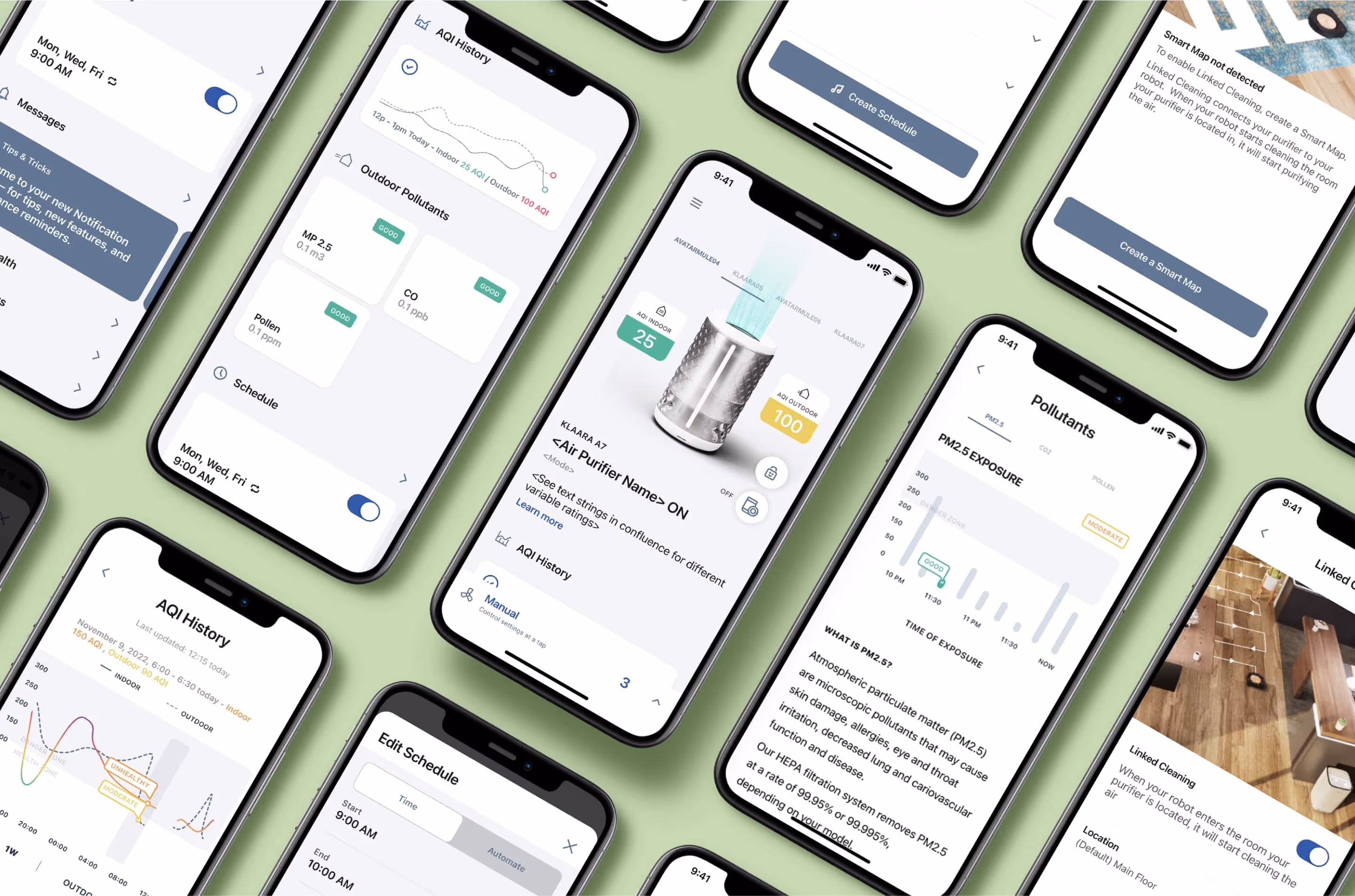 Top-down view of multiple smartphones on a green surface displaying an air purifier app with schedules, pollutant data, AQI history, and smart map features.
