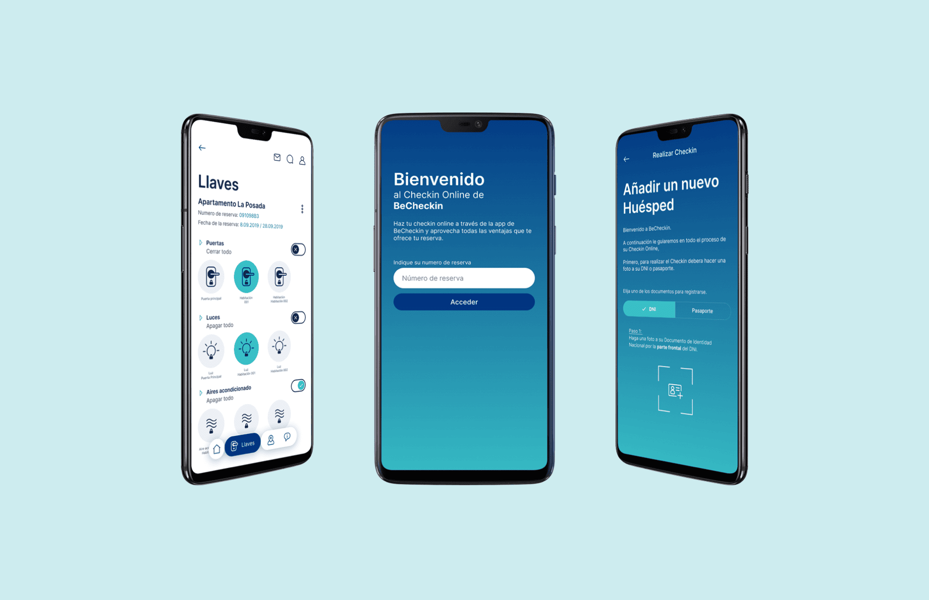 Three smartphones display different screens of a hotel check-in app, showing key and light controls, a welcome login screen, and a new guest ID document upload page.