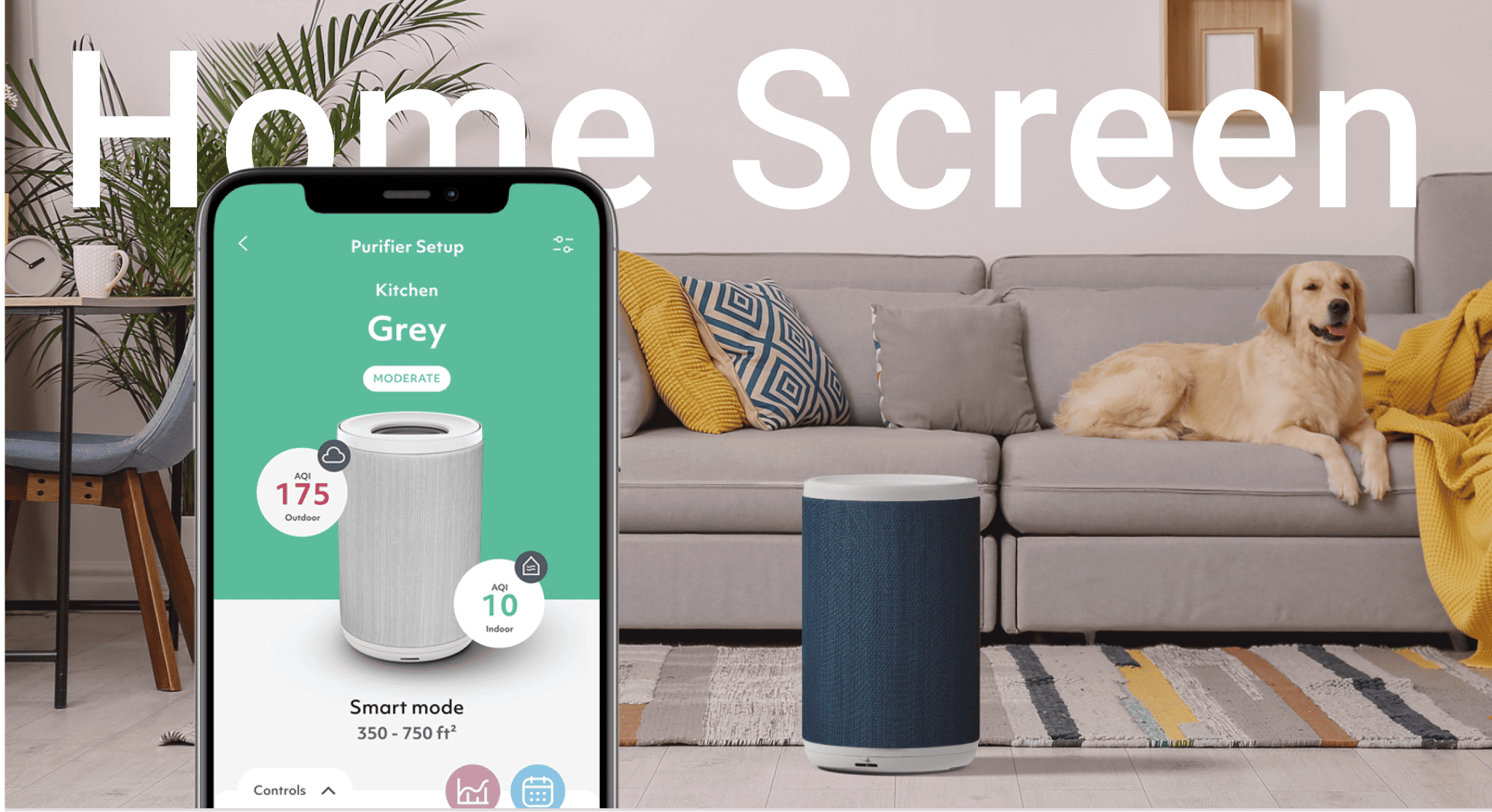 Living room with gray couch, a golden retriever lying on it, and an air purifier on the floor next to a smartphone showing the purifier setup app.