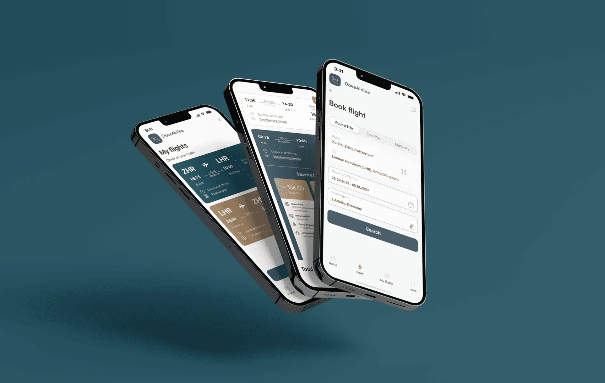 Three smartphones displaying DoveAirline app screens for booking and managing flights from Zurich to London Heathrow.