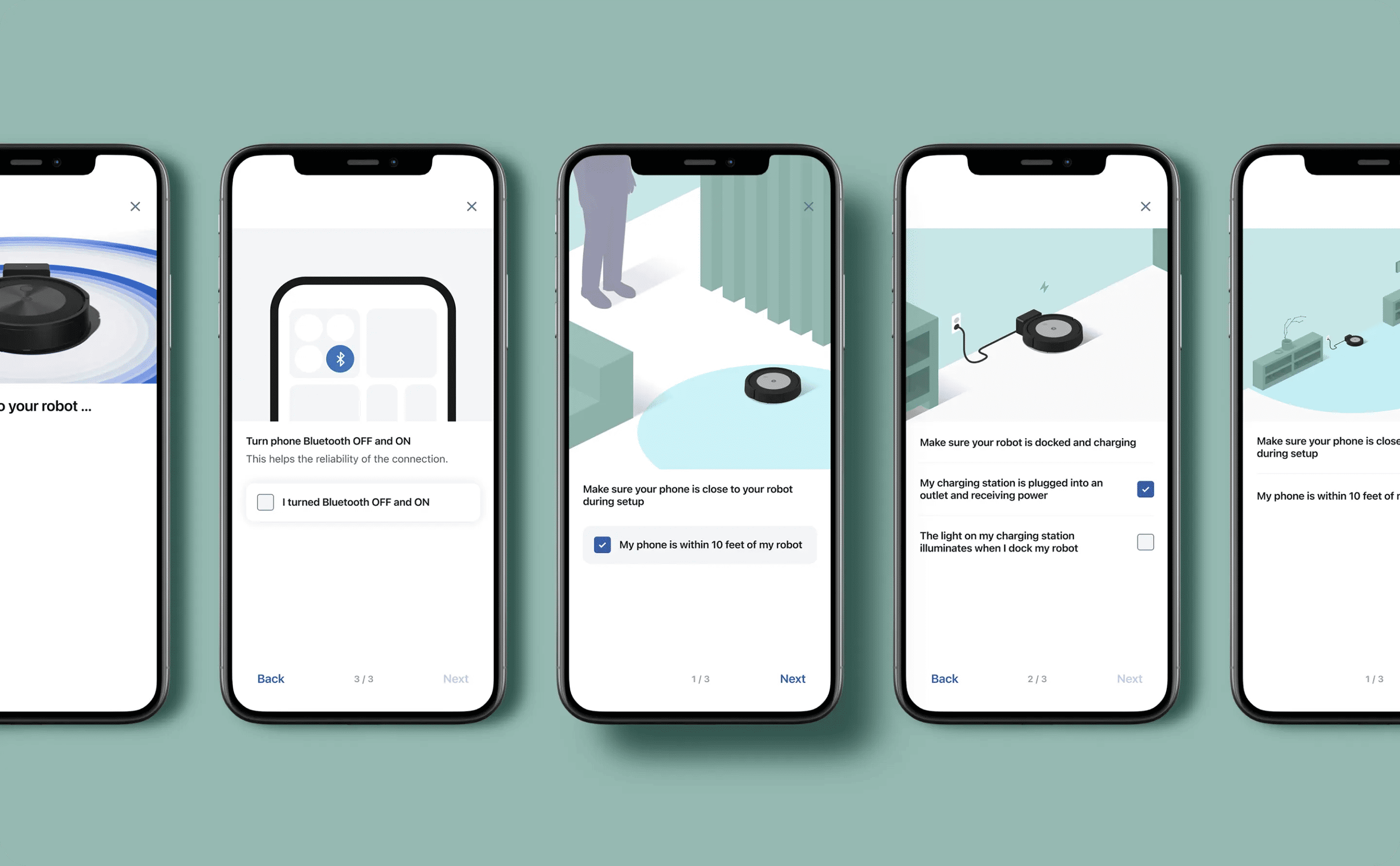 Five smartphone screens showing setup instructions for a robot vacuum, including ensuring phone Bluetooth is toggled, phone proximity within 10 feet, and robot is docked and charging.