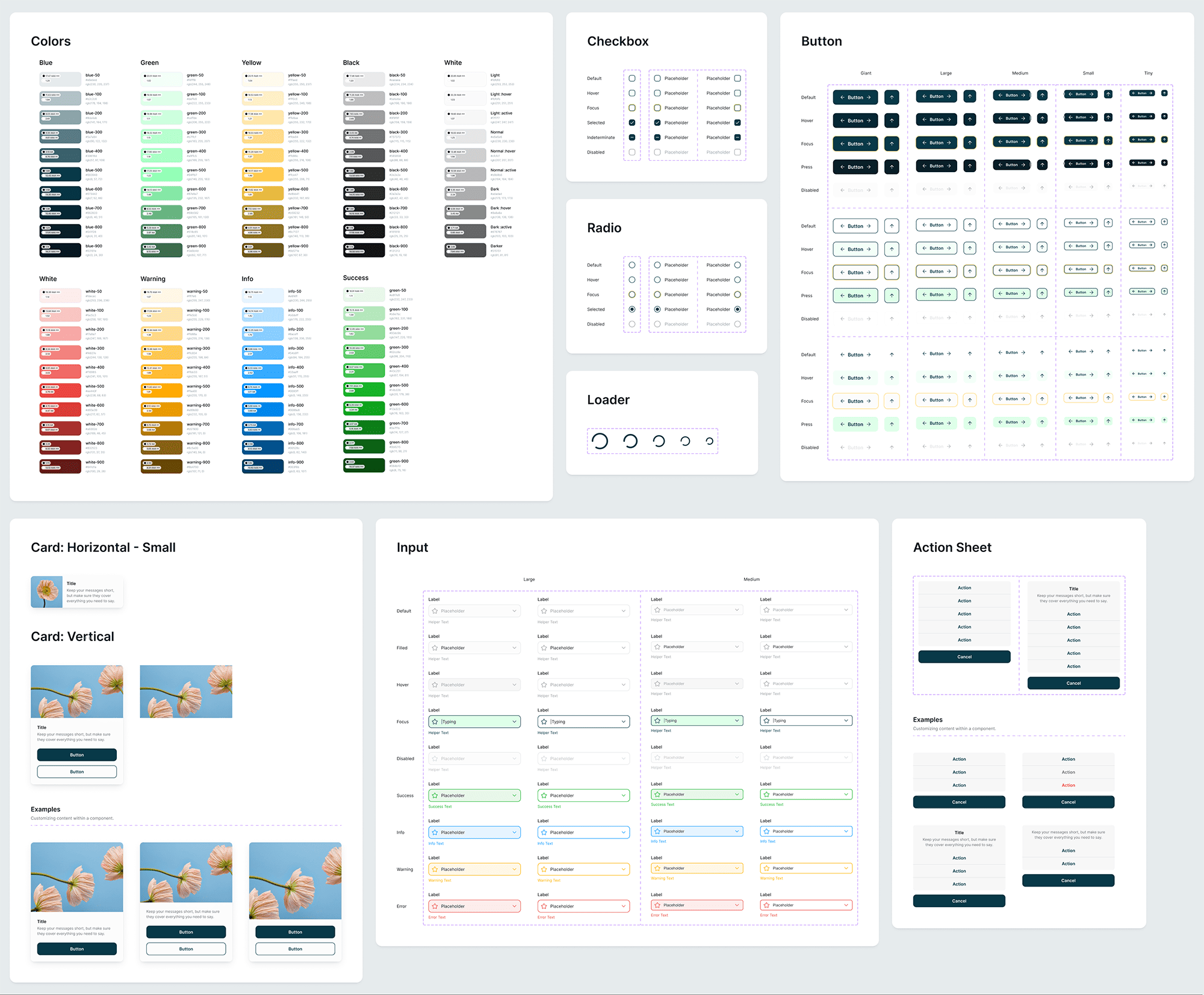 Design system showing color palettes, checkbox and radio button states, various button sizes and states, card layouts, form input styles, loader animations, and action sheet examples.