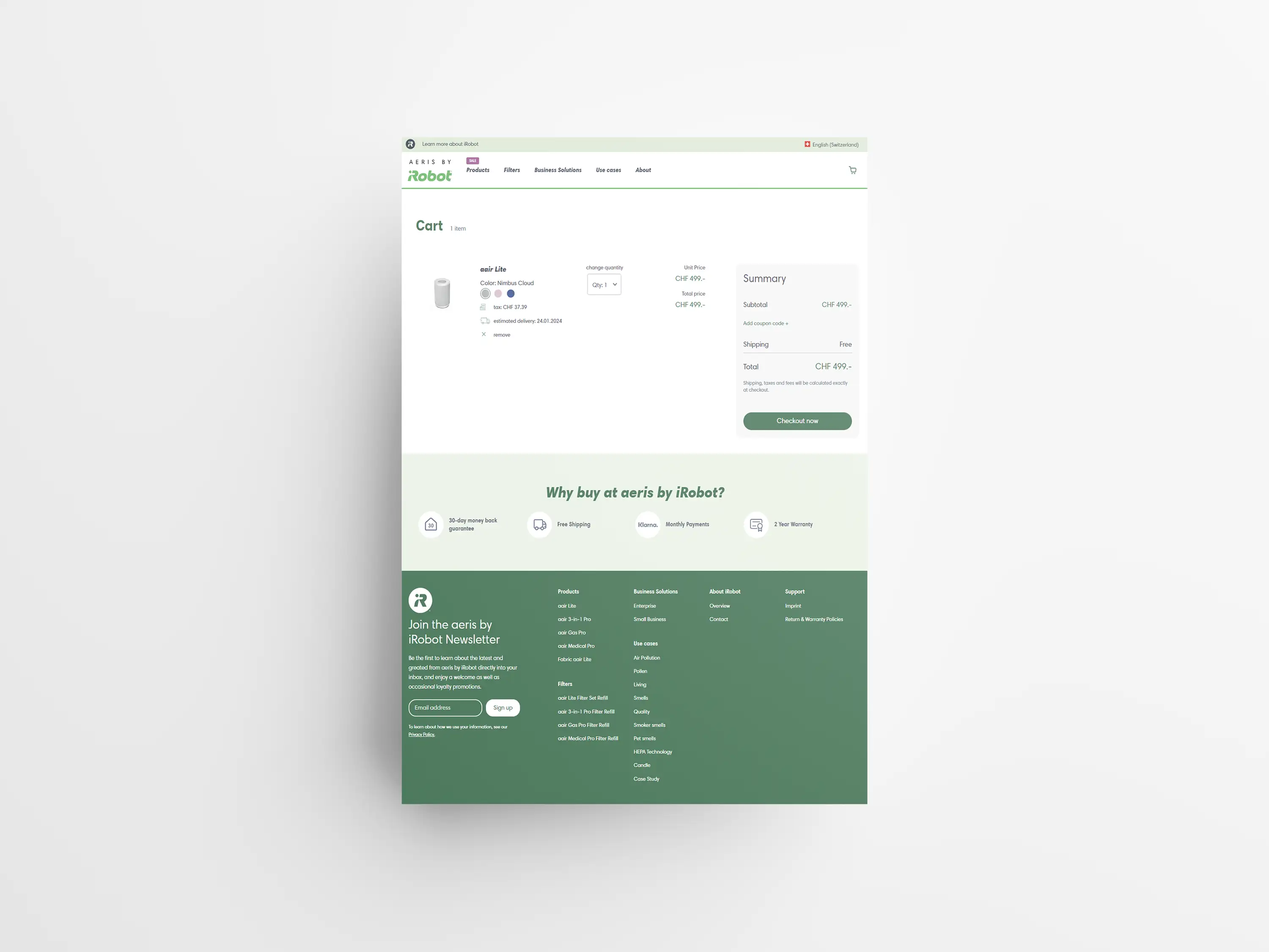 Shopping cart page of aeris by iRobot showing a selected air purifier, order summary, and checkout button.