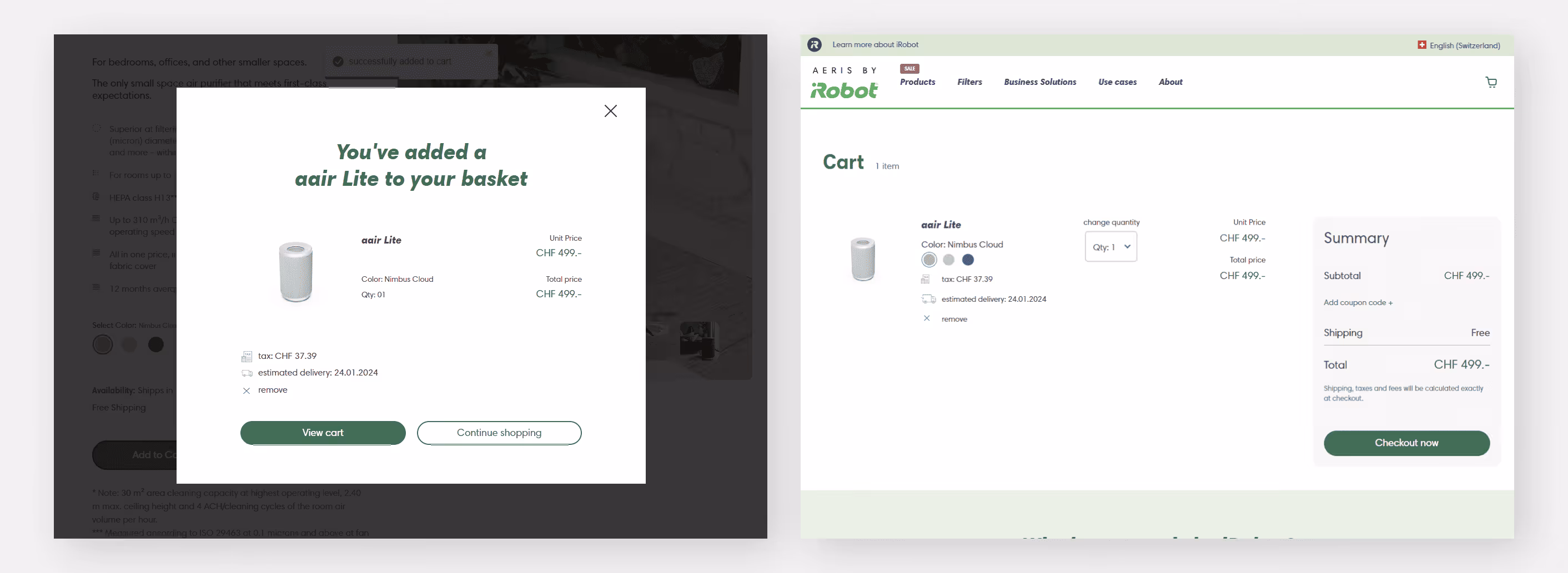 Laptop mockup displaying the aeris by iRobot website with air purifier product pages and details.