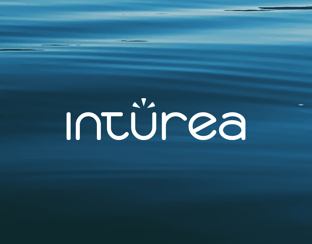 Intúrea logo in white over rippling dark blue water background.