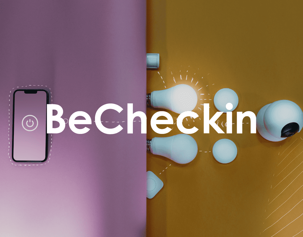 Smartphone on purple surface and light bulbs plus camera on orange surface with text BeCheckin.