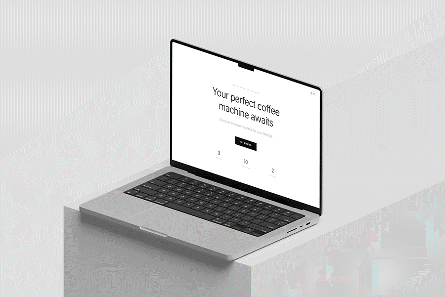 Laptop on a white pedestal showing a webpage about finding the perfect coffee machine.