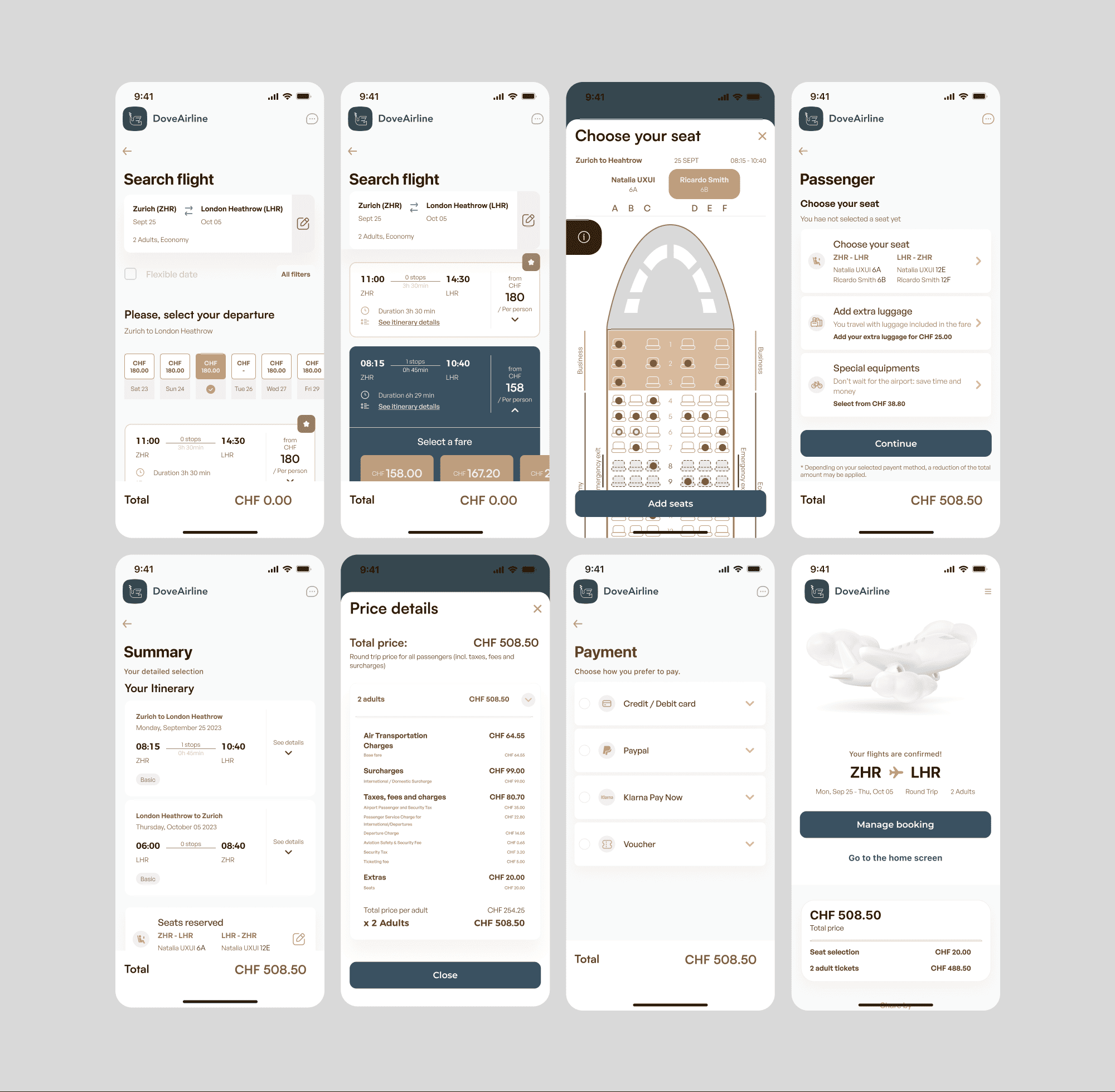 DoveAirline app screens showing flight search, seat selection, price details, payment, and booking confirmation.
