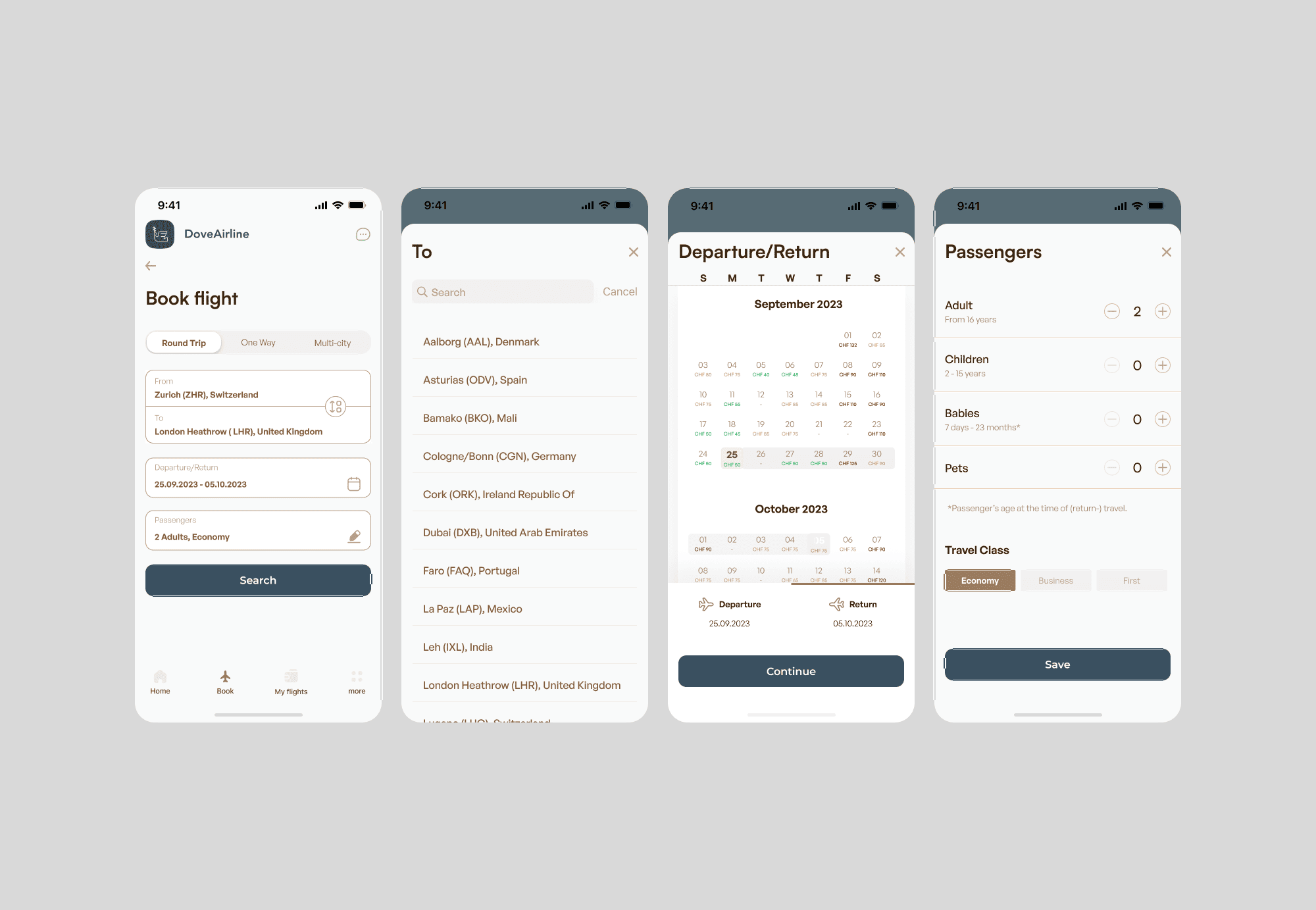 Smartphone screens showing DoveAirline flight booking: route, destination, date, passengers, and travel class selection.