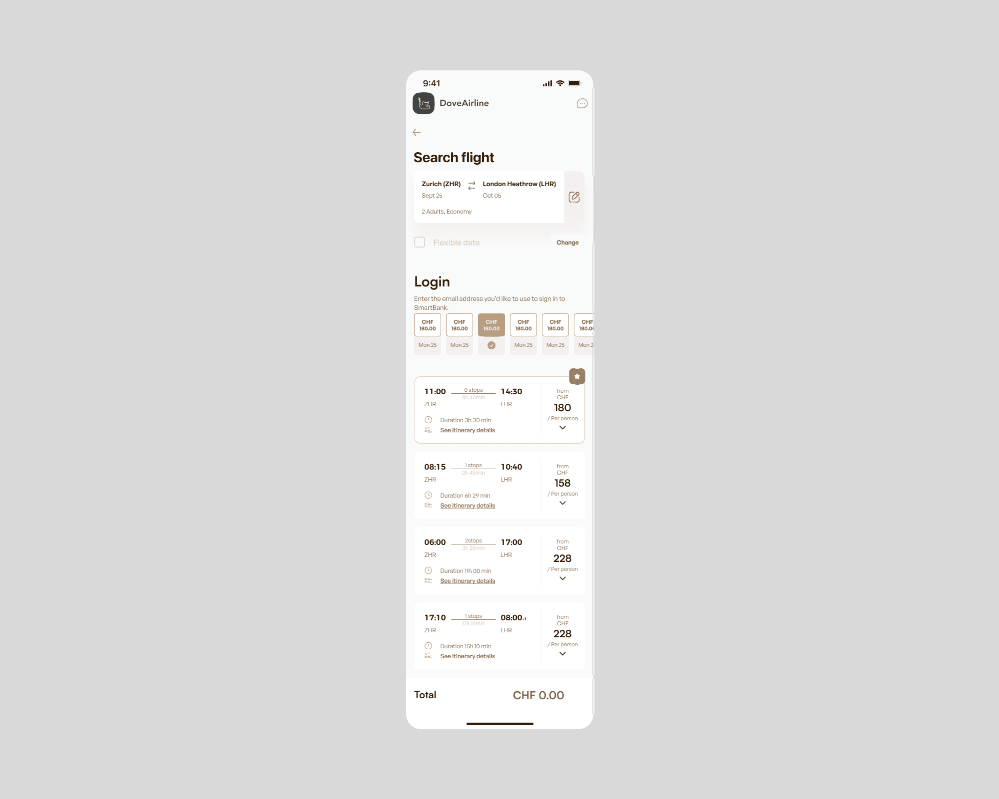 Mobile flight search app with Zurich to London Heathrow options, prices, duration, stops, and login prompt.