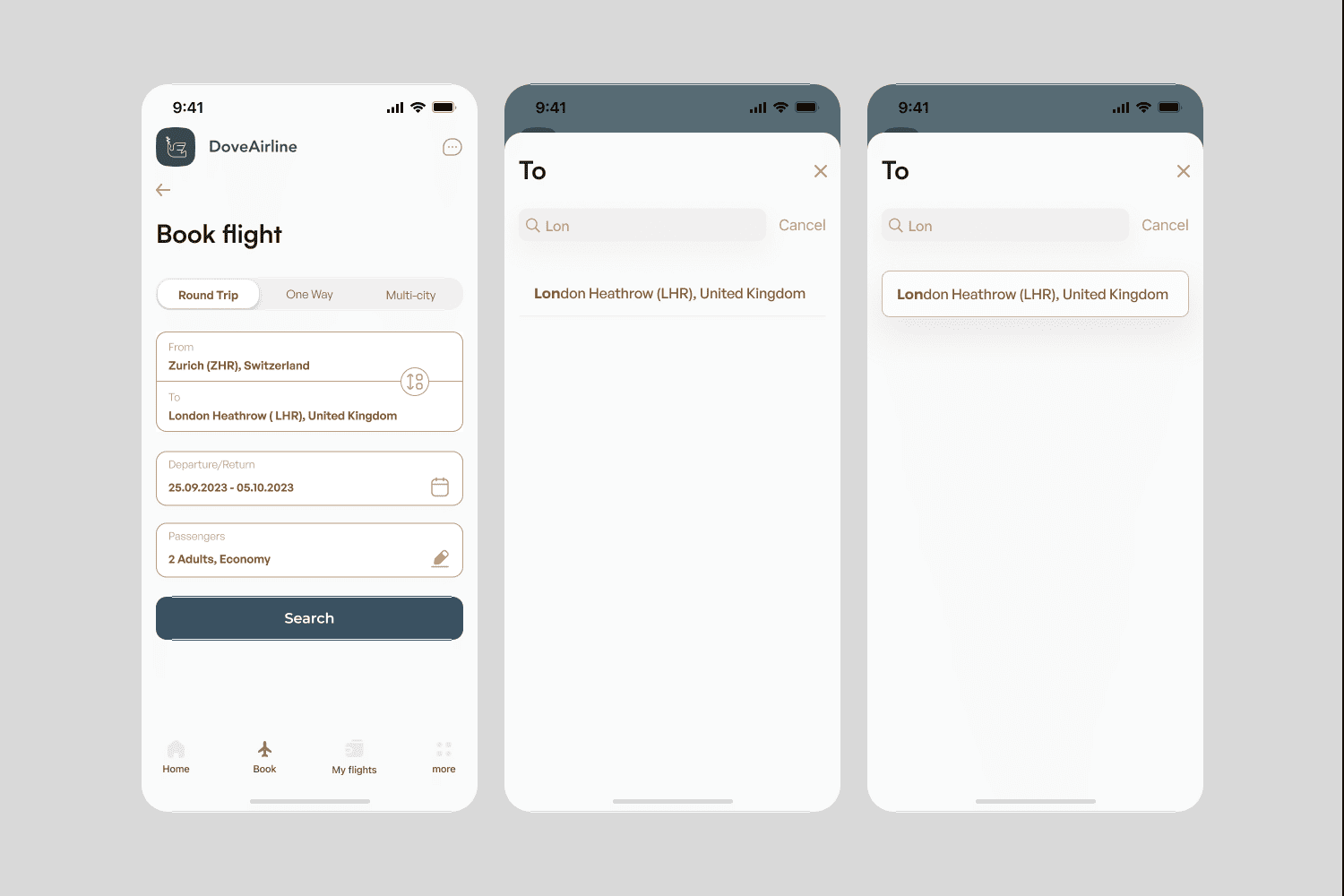 Flight booking app screenshots showing a route, search for London Heathrow airport, and selected destination.