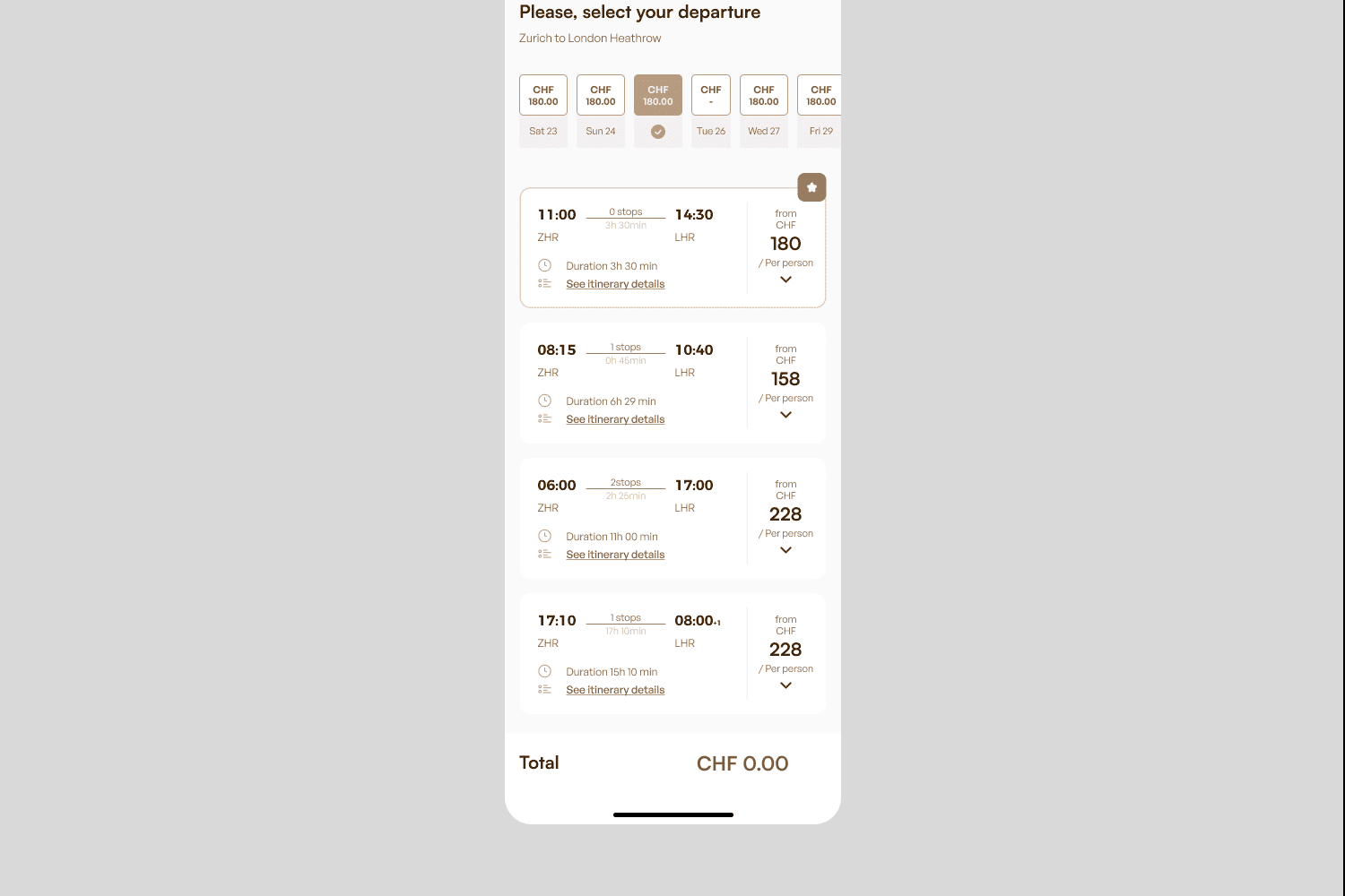 Flight options from Zurich to London Heathrow with times, stops, durations, and prices in CHF per person.