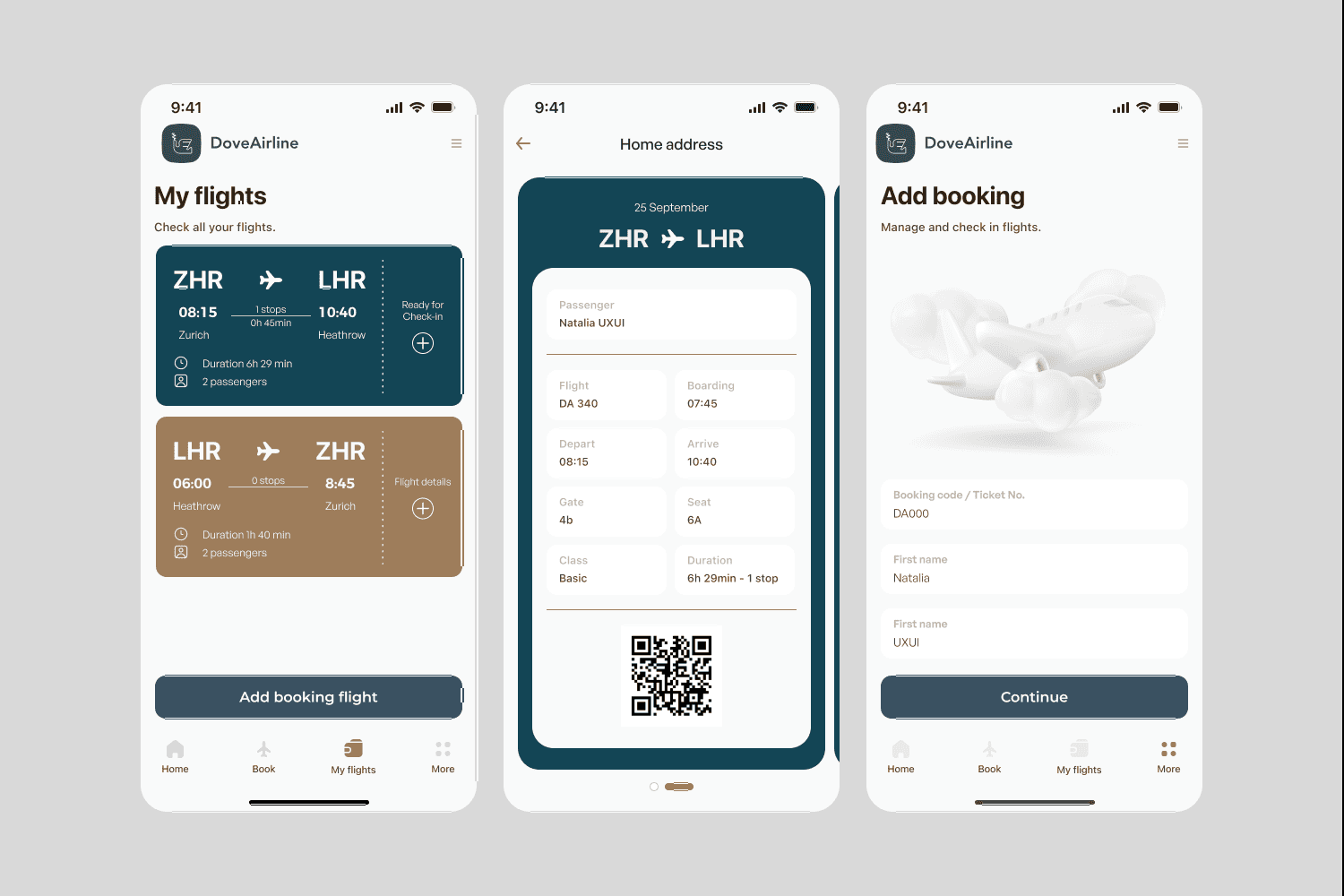 Three smartphone screens showing DoveAirline app with flight list, boarding pass, and booking form.