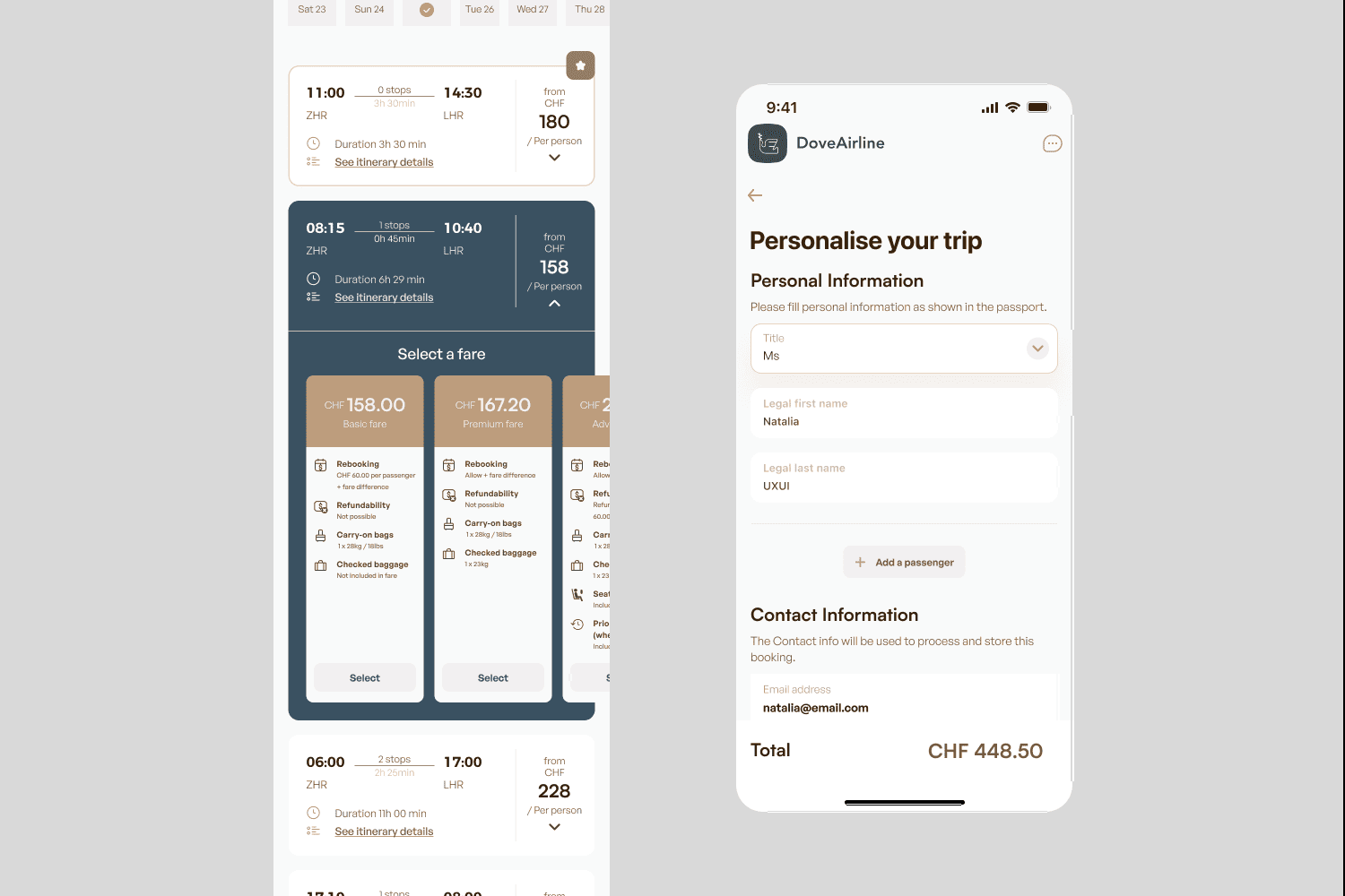 Mobile screens showing flight fare options and trip personalization with passenger details and total cost in CHF.