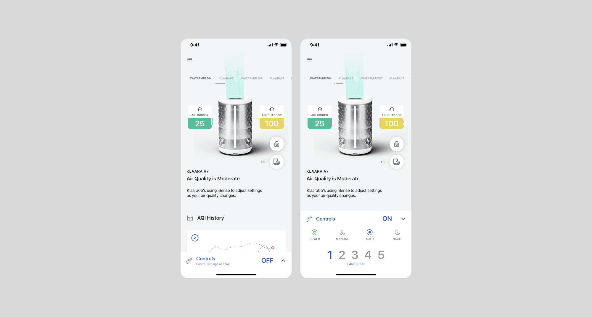 Two smartphone screens displaying Klaara A7 air quality control app with indoor and outdoor AQI and fan speed settings.