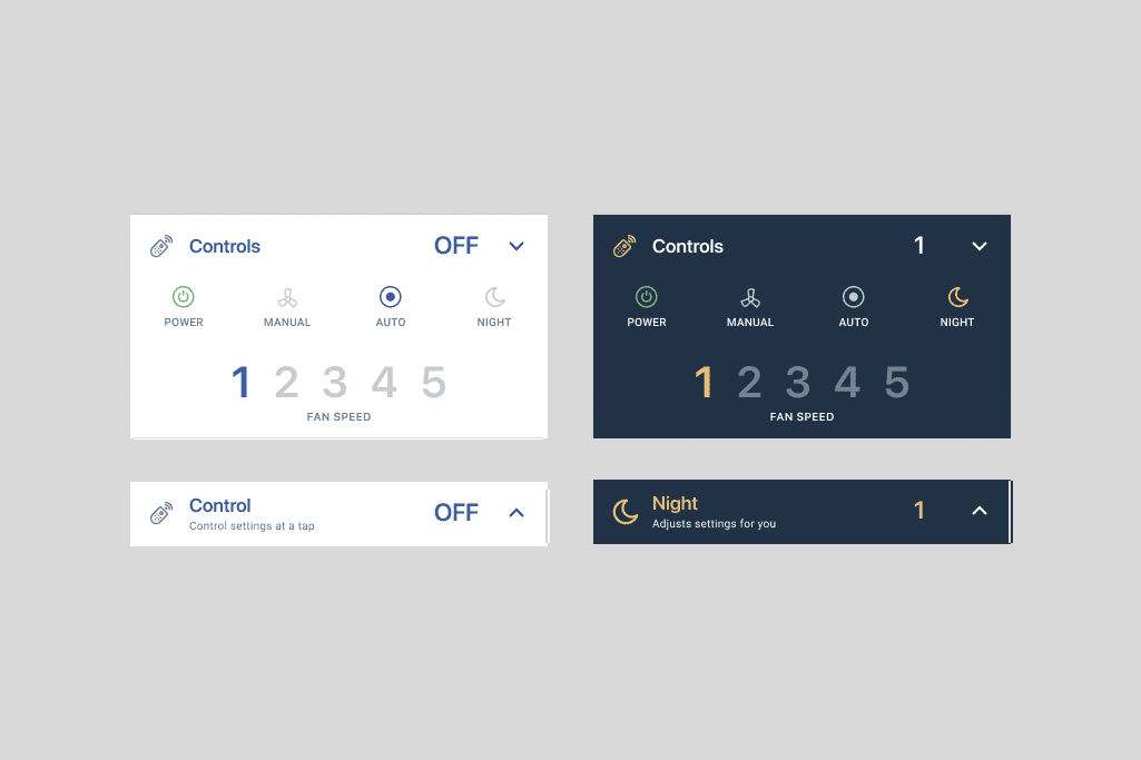 User interface showing fan controls with power, manual, auto, night modes, and fan speed levels from 1 to 5.