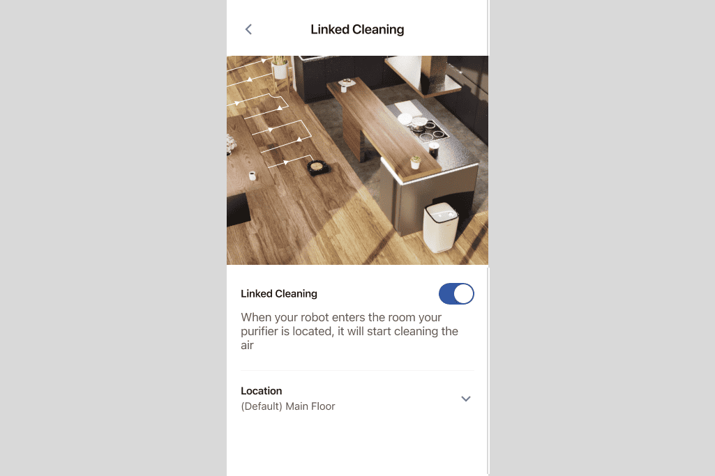App screen for linked cleaning with a robot vacuum and air purifier syncing in a kitchen area.