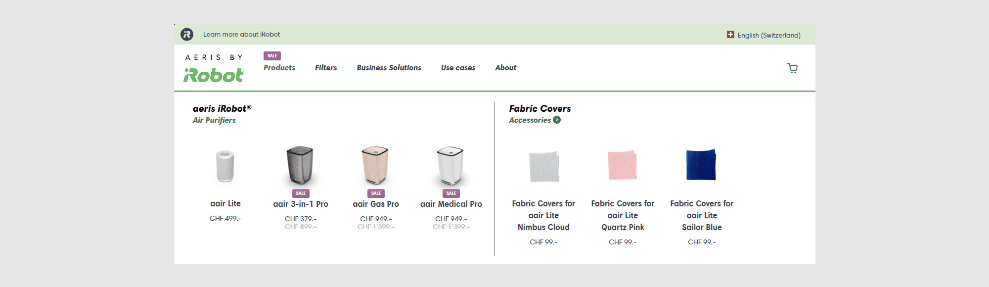 Aeris iRobot air purifiers and fabric covers in white, black, beige, pink, and blue with prices in CHF.
