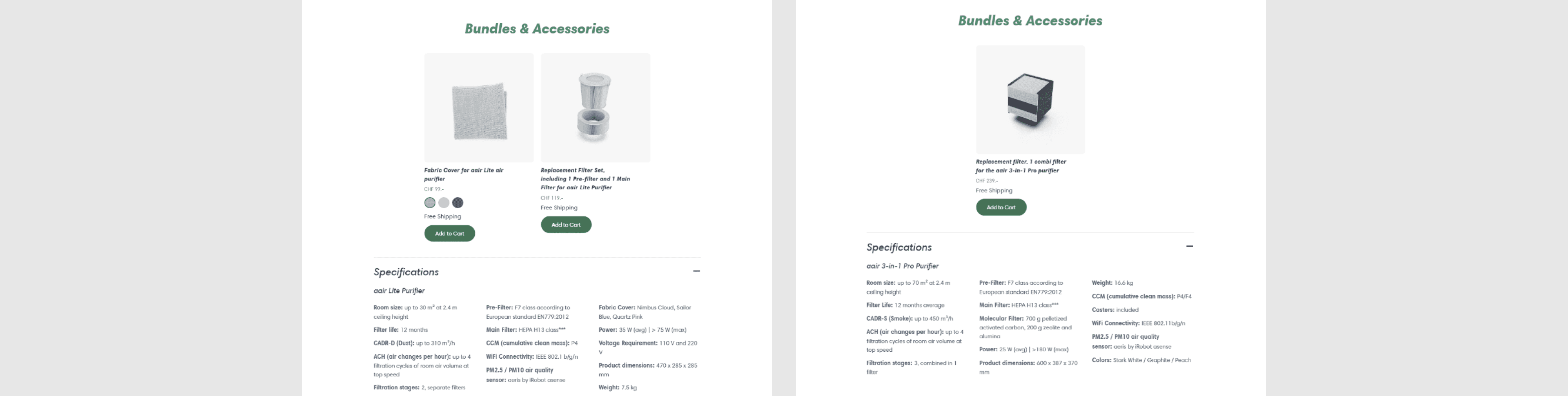 Two product pages showing air purifier bundles with images, prices, add-to-cart buttons, and specifications.