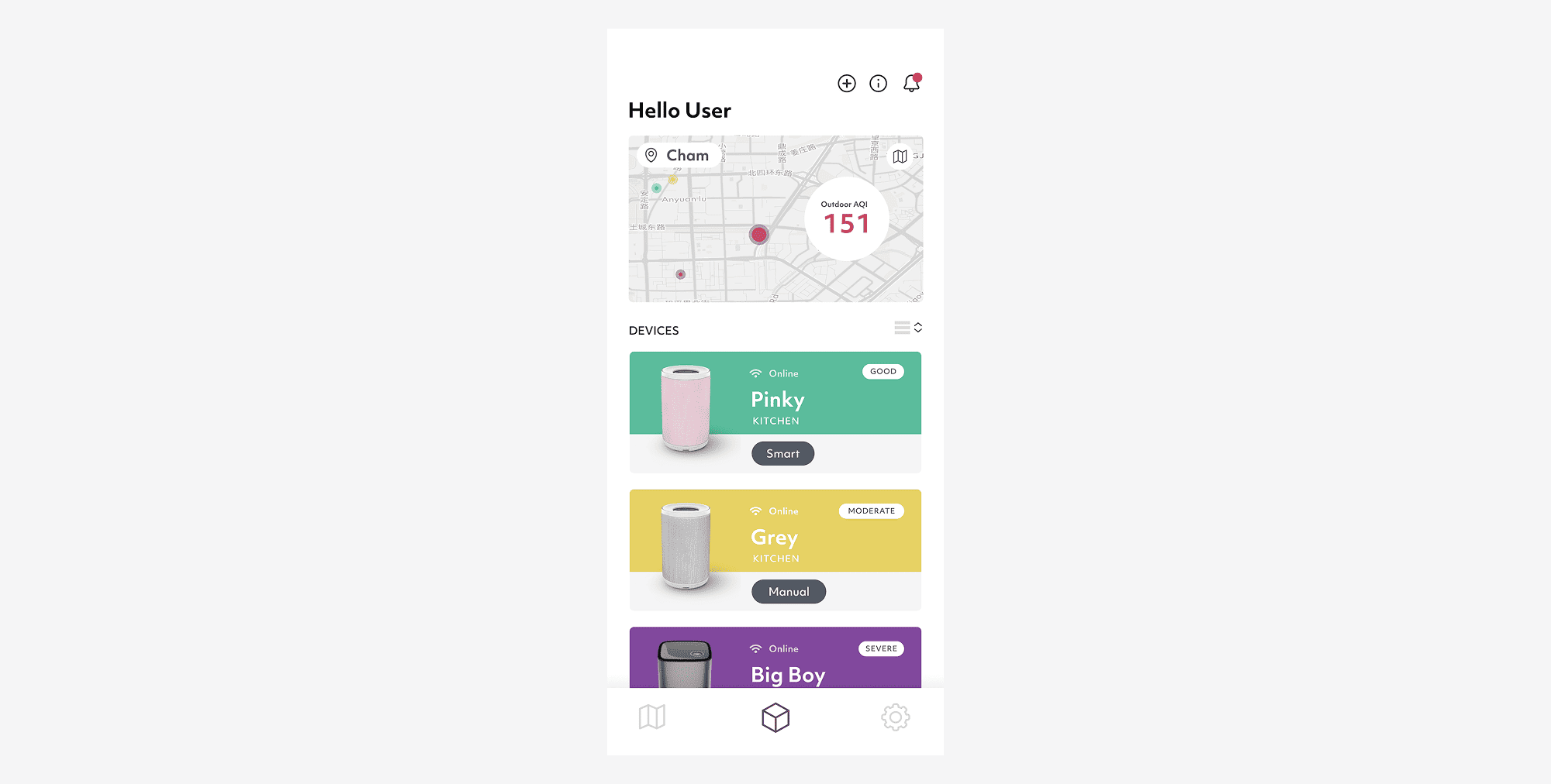Smart home app dashboard showing external AQI 151 and three online devices named Pinky, Grey, and Big Boy.