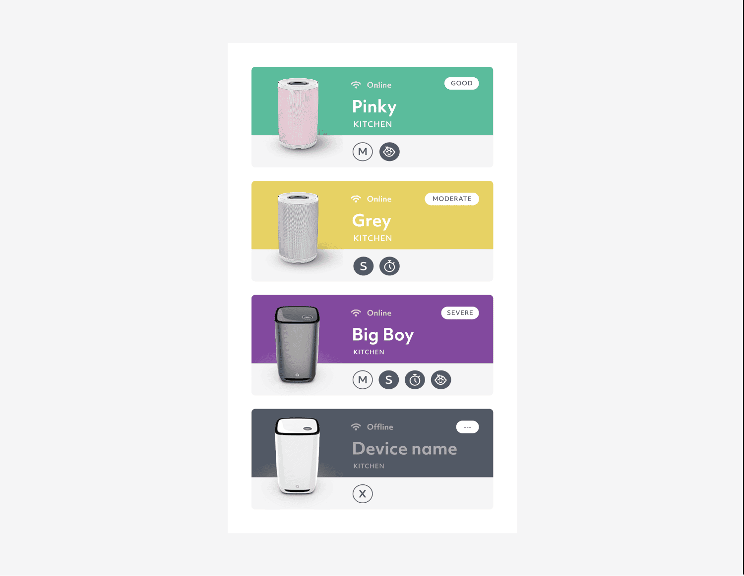 Dashboard showing four kitchen air purifiers with their online status and air quality ratings.