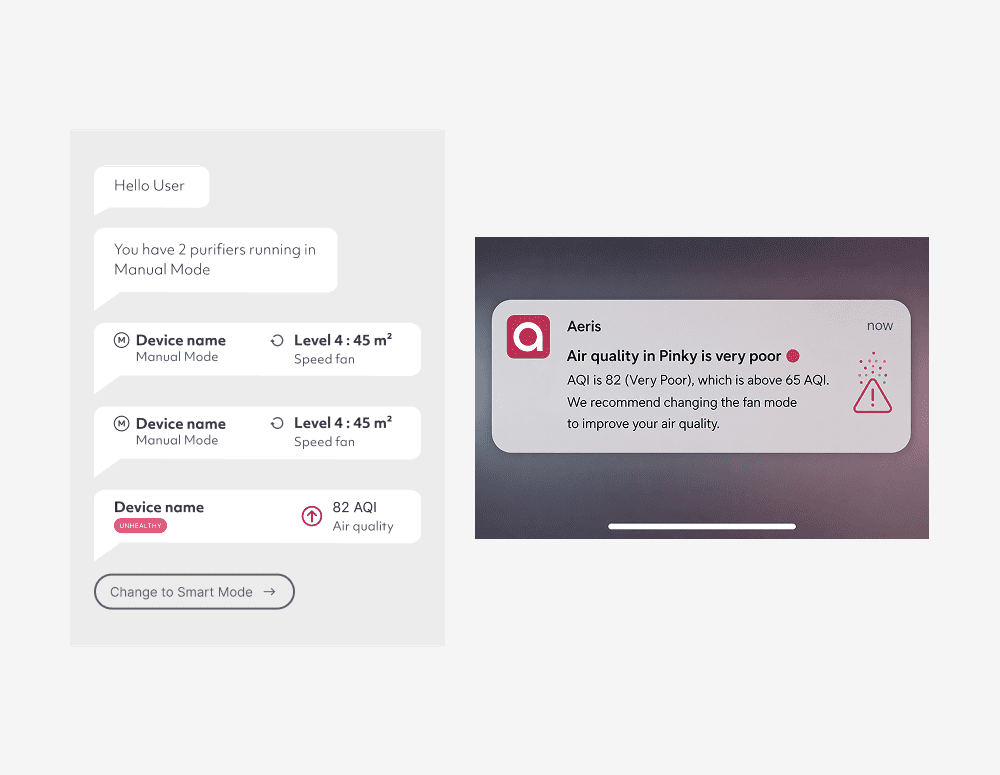 Air purifier control showing two devices in manual mode and a notification of poor air quality with AQI 82.