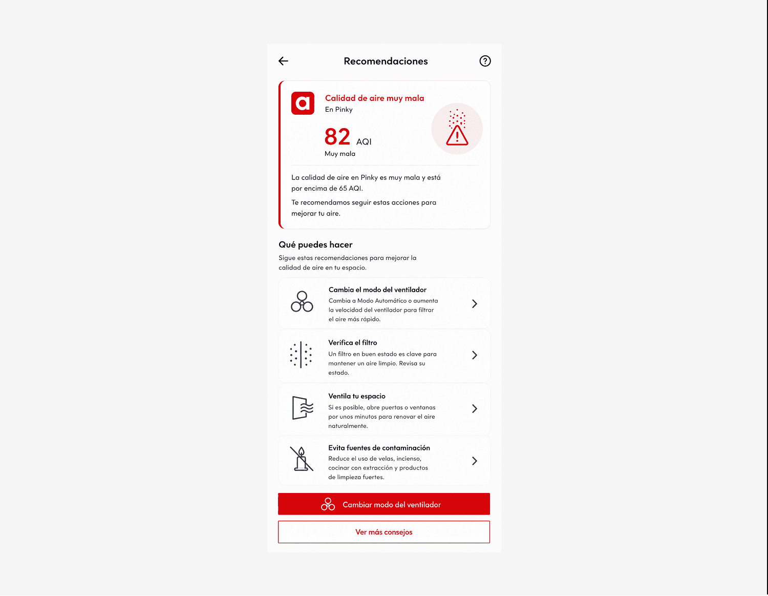 App screen with poor air quality warning, AQI 82, and tips to improve air quality indoors.