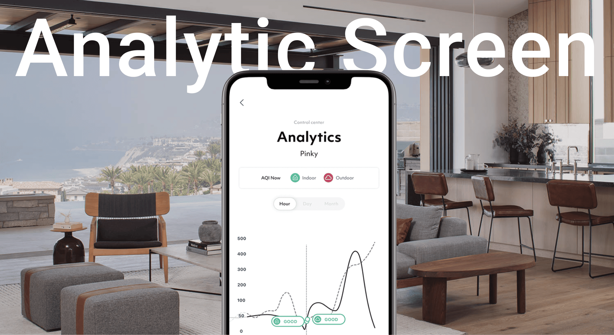 Smartphone showing indoor and outdoor air quality analytics with graphs and good air quality indicators.