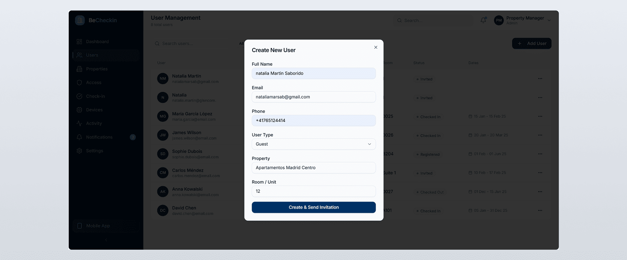 User management screen with a popup form to create a new user, including name, email, phone, type, property, and room fields.